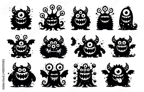 Graphic silhouette monster set featuring various funny creatures for Halloween projects
