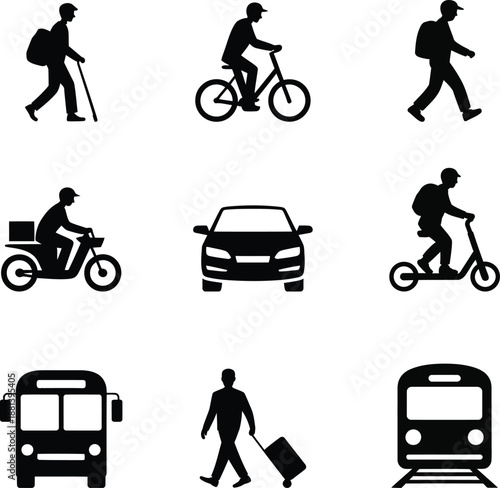 Black silhouettes of people commuting by various vehicles