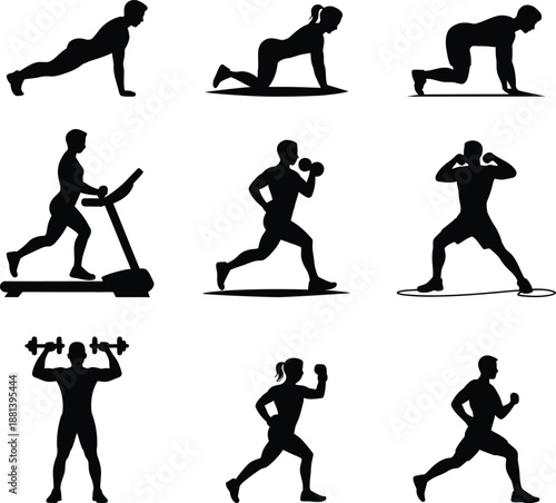 Black silhouettes of people exercising with dumbbells and cardio equipment