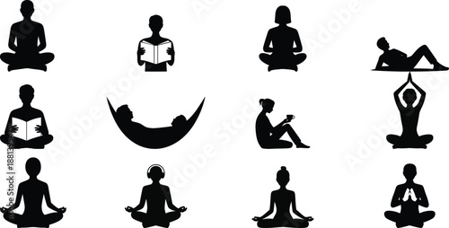 Black silhouettes of people meditating reading relaxing