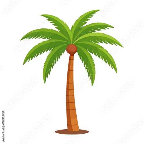 A cartoon palm tree with a brown trunk and green leaves on a white background