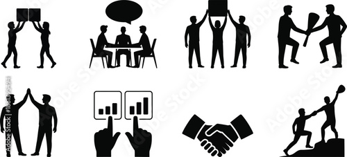 Black silhouettes of people in various business and teamwork poses
