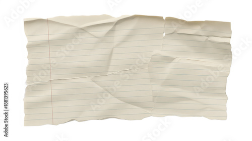 A crumpled piece of beige paper with dotted lines isolated on transparent background.