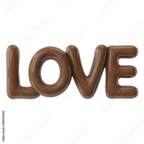 The word love made of chocolate on a transparent background with a shiny surface.