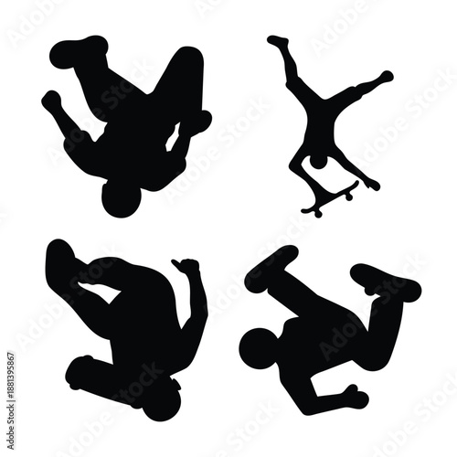 Dynamic silhouettes of skateboarders and active individuals performing extreme sports