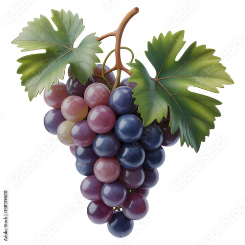 A detailed illustration of a bunch of purple and green grapes isolated on transparent background with leaves.