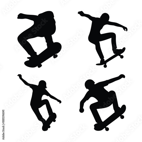 Dynamic silhouettes of skateboarders performing exciting tricks and jumps