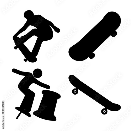 Action-packed black silhouettes featuring skateboarders and a pogo stick performer