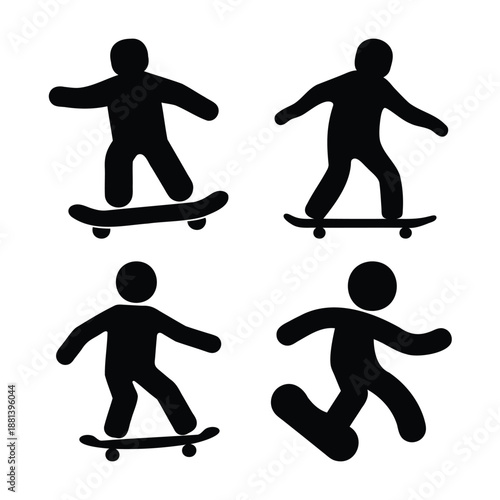 Dynamic black silhouettes illustrating various poses and movements of a skateboarder