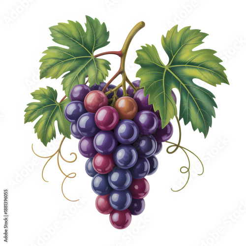 A vibrant cluster of purple, red, and green grapes with leaves isolated on transparent background.