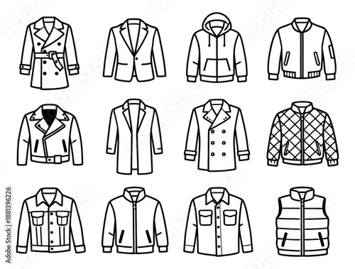 Line art outerwear set featuring various jackets and coats for fashion design