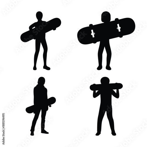 Various skateboarder silhouettes showcasing different ways to carry a skateboard
