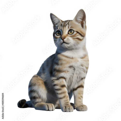 A cute tabby cat sitting and looking sideways isolated on transparent background with brown and black stripes.