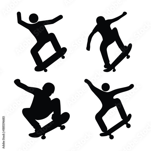 Dynamic collection of skateboarder silhouettes showcasing various action poses and stunts