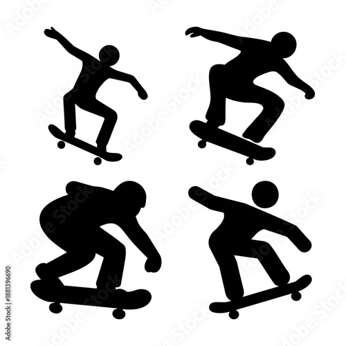 Dynamic black silhouettes of skateboarders performing various tricks and movements