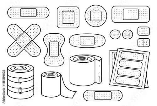 Hand drawn medical supplies set featuring various adhesive bandages and rolls for first aid and health care