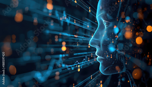 Wallpaper Mural Digital human face made of blue data points with glowing orange nodes, futuristic AI insight Torontodigital.ca