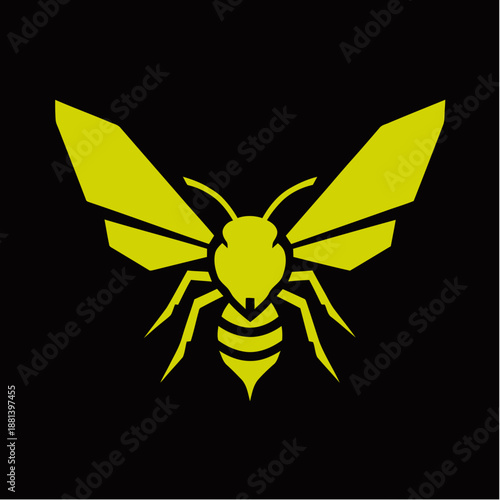 A stylized yellow bee or wasp insect with geometric wings on a black background, representing a modern and bold design.