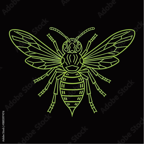 A stylized, neon green line drawing of a wasp on a black background, showcasing its intricate details.