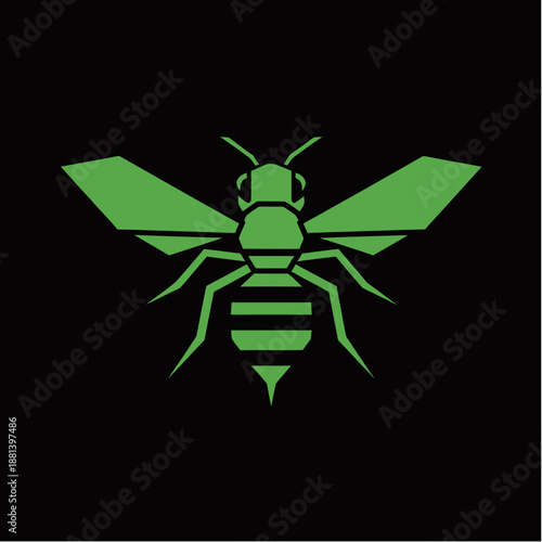 A striking geometric green bee or wasp illustration against a solid black background, showcasing a modern, stylized insect design.