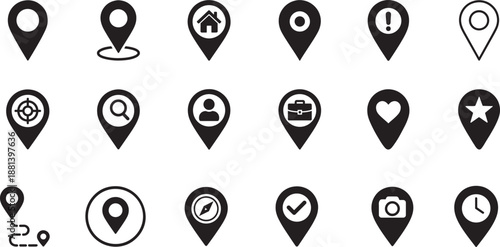 Location pin logo icon set with map markers and navigation symbols for GPS, web, app, and UI design.