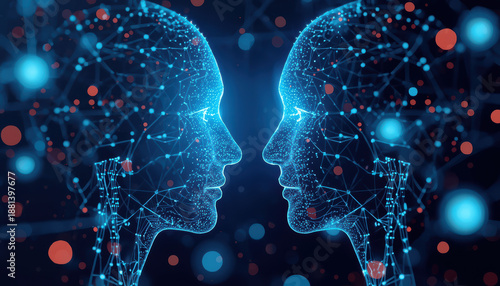 Two digital human profiles facing each other composed of glowing neural network connections