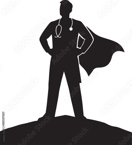 Silhouette of a Superhero Doctor with a Cape and Stethoscope Standing on a Hill