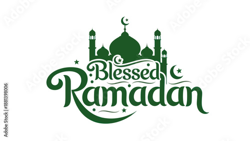 Blessed Ramadan typography with mosque silhouette and crescent moon.