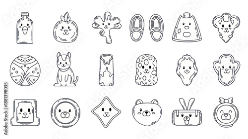 Collection of Adorable Hand-Drawn Animal Faces and Objects in Doodle Style.