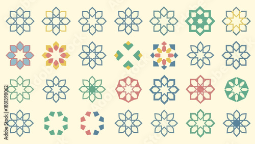 Collection of Colorful Geometric Floral Patterns and Islamic Motifs.