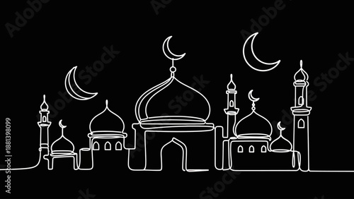 Continuous line art drawing of a mosque with crescent moons on a black background.