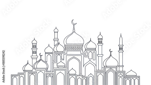 Detailed line art drawing of a grand mosque with multiple domes and minarets.