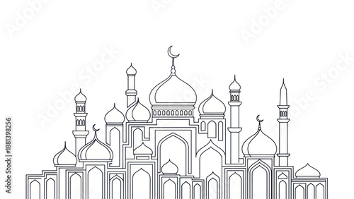 Detailed Line Art Drawing of a Grand Mosque with Multiple Domes and Minarets.