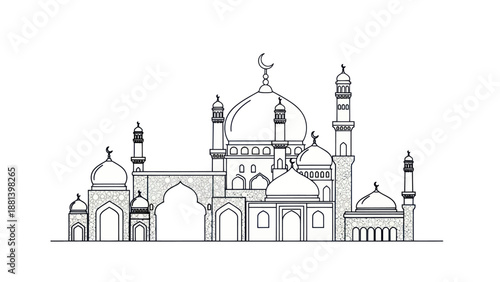 Detailed Line Art Drawing of a Grand Mosque with Multiple Domes and Minarets.