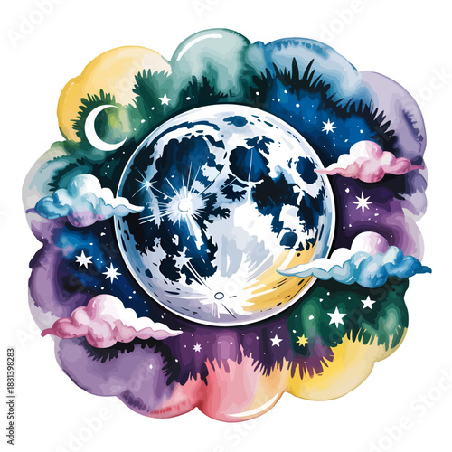Full Ramadan Moon with Subtle Watercolor Clouds, Background Removal Cut-out