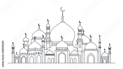 Detailed Line Art Drawing of a Grand Mosque with Multiple Domes and Minarets.