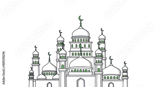 Detailed Line Art Drawing of a Grand Mosque with Multiple Domes and Minarets.