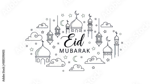 Eid Mubarak Doodles with Mosques and Lanterns.