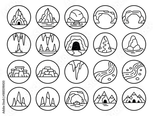Simple line art geological formations set featuring caves, mountains, rocks, and rivers for nature and travel themes