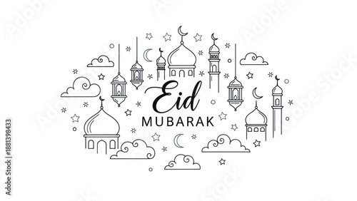 Eid Mubarak greeting with mosque domes minarets lanterns and clouds in a doodle style.