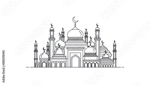 Elegant Hand Drawn Sketch of a Grand Mosque with Domes and Minarets.