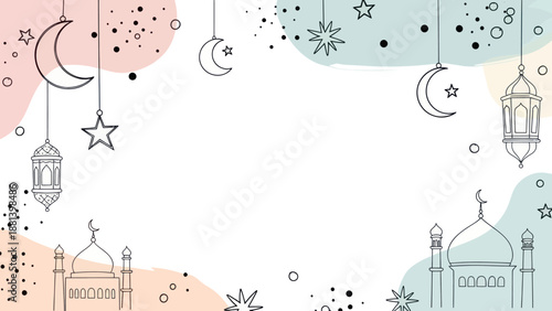 Elegant Islamic Celebration Background with Mosque and Lanterns.