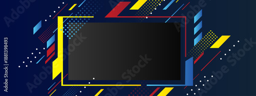 Vector illustration of a dark blue background with abstract geometric shapes colorful lines and dots for technology or gaming design