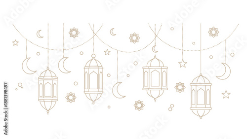 Elegant Islamic Lanterns and Crescent Moons Hanging Decoration.