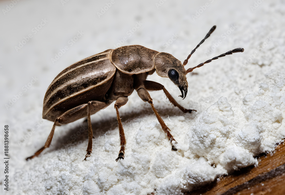 Obraz premium Weevil pest crawling on white flour surface