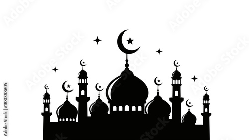 Elegant Mosque Silhouette with Crescent Moon and Stars.