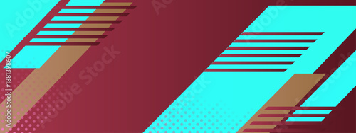 Modern abstract background with cyan shapes and maroon stripes with halftone patterns
