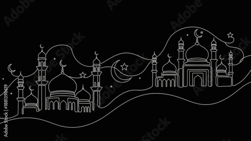 Elegant Mosque Silhouettes with Crescent Moon and Stars.