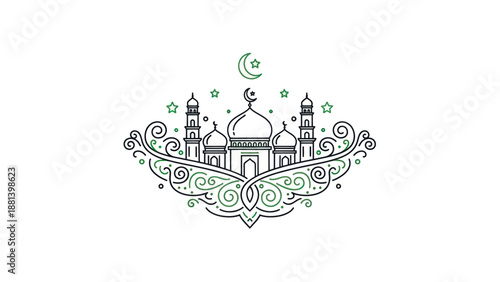 Elegant Mosque Silhouette with Ornate Islamic Calligraphy and Crescent Moon.