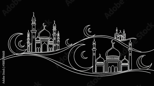 Elegant White Outline Mosques and Crescent Moons on Black Background.